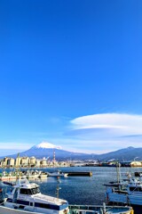 田子の浦から見た富士山と離れ笠雲