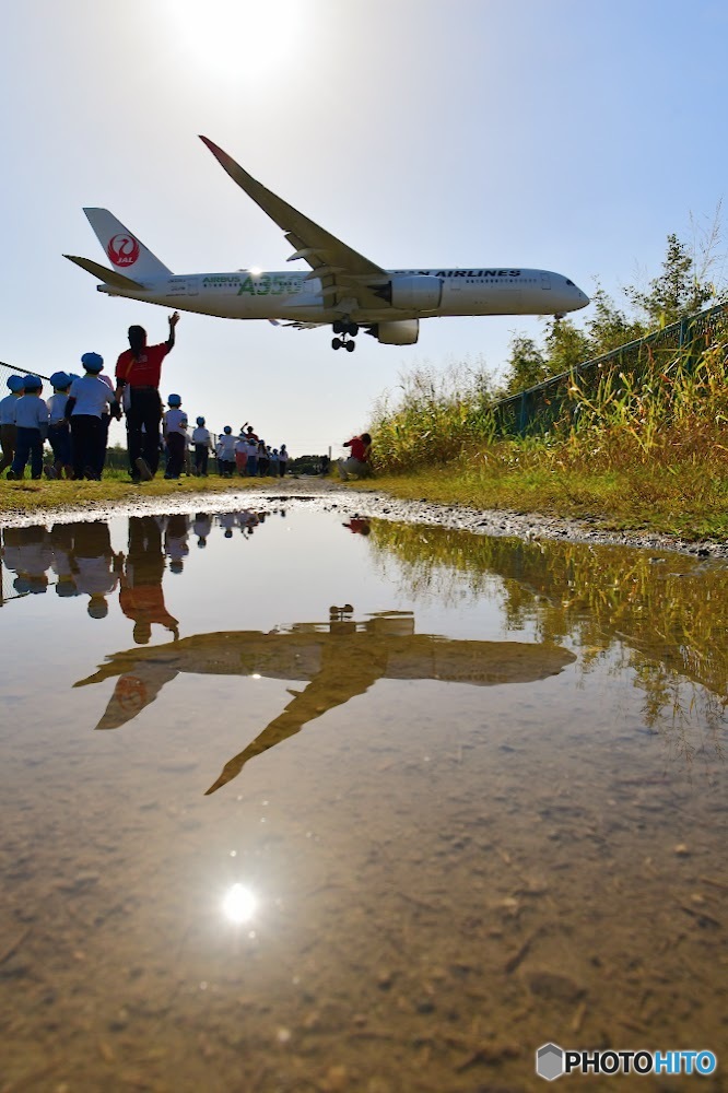 園児とA350とリクレクション