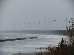 冬の海で風力発電