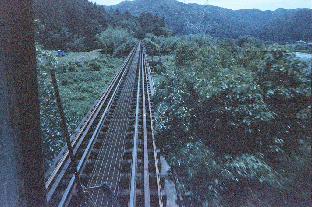 山の緑の中の樽見鉄道