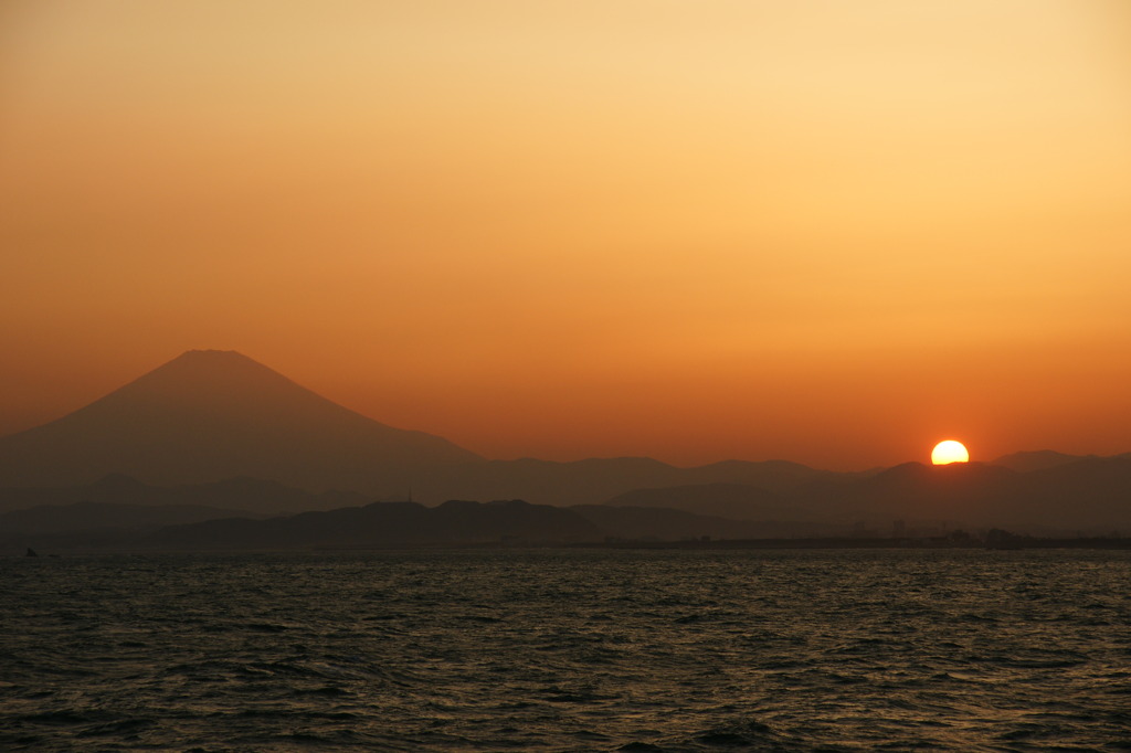 夕日を眺める富士