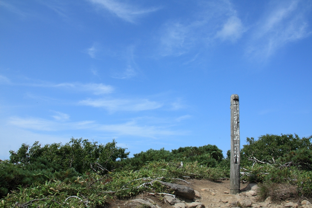 青空に立つシャクナゲ岳山頂