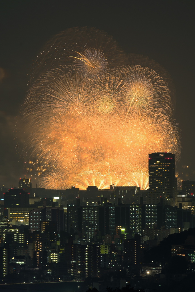 ビル街に花火咲く