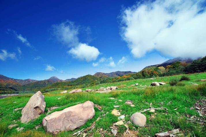 緑の丘と染まる山