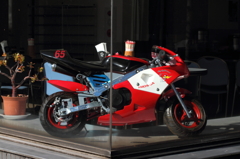 Motorcycle in cafe