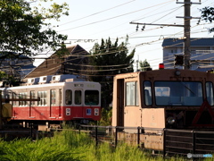 古い保線車両とローカル電車