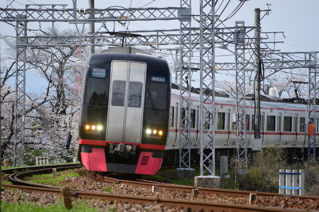 桜の季節の名鉄笠松カーブ 2 2200系