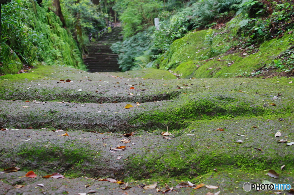 一枚岩を削った参道の石段