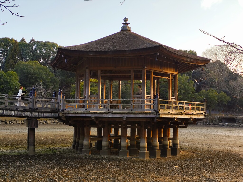 1000007927奈良公園　水が無い　西日に当たる浮見堂