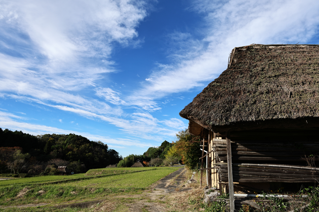 藁ぶき屋根と秋空