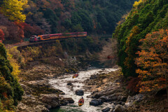 紅葉の保津峡 －トロッコ列車と保津川下りの共演－