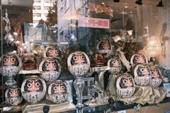 たくさんのダルマ。お店のショーウィンドウにて