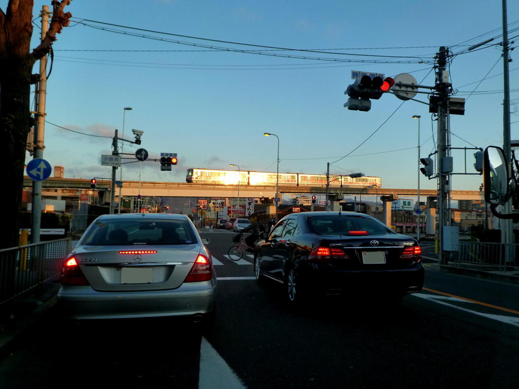 朝日に輝くモノレール