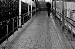 ややガニ股で俯き歩く黒ずくめ男の背中