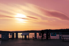 湖、夕日