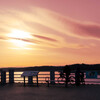 湖、夕日