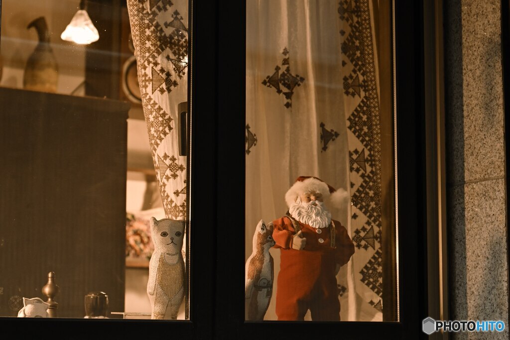 窓辺のサンタと猫の影