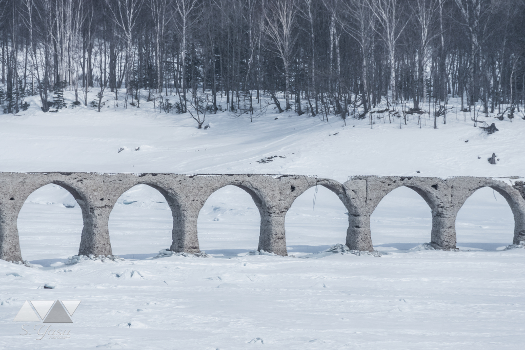 冬の雪上にそびえる橋