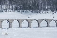 冬の雪上にそびえる橋