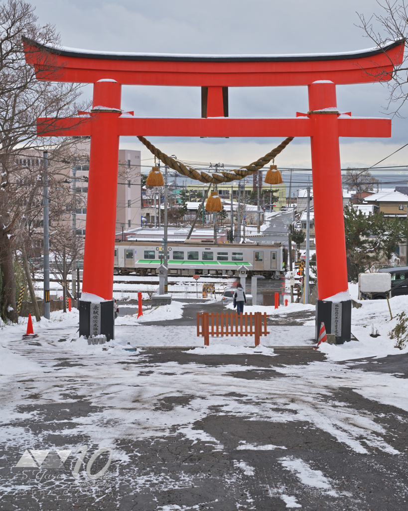 鳥居の中を走るローカル列車