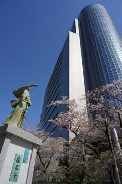 勝海舟像と桜
