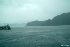 雨の日の赤い旗