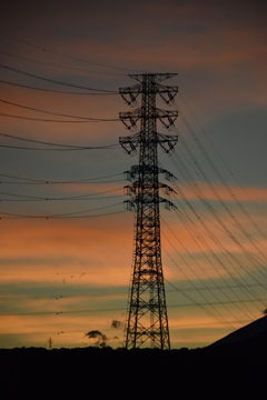 夕暮れの送電線