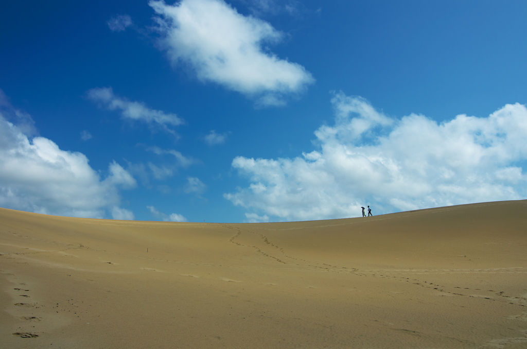 砂丘を歩く二人