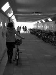 walk with her bicycle