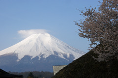 忍野の茅葺屋根越しの富士
