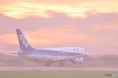 鹿児島空港にて　夕映えの中へ離陸