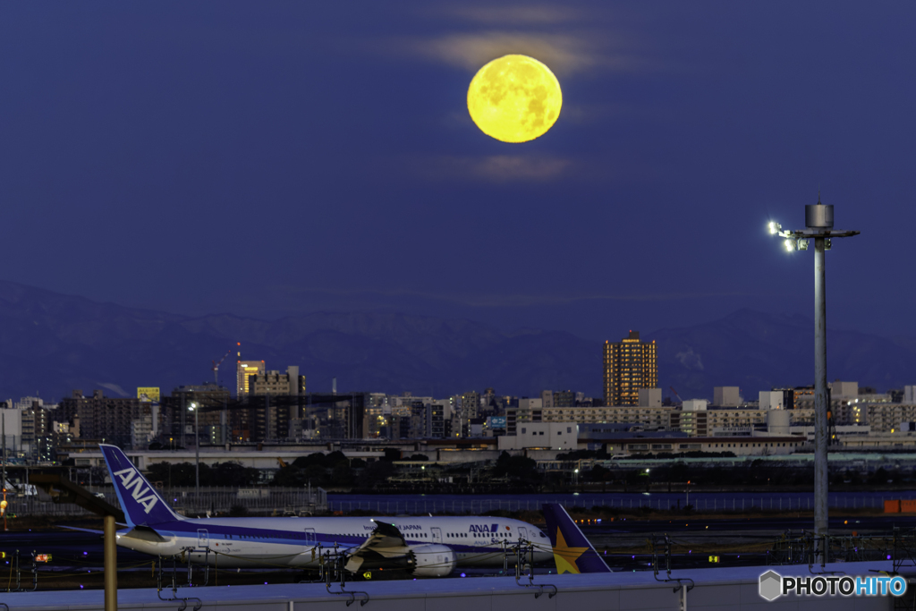 満月が沈む羽田空港1