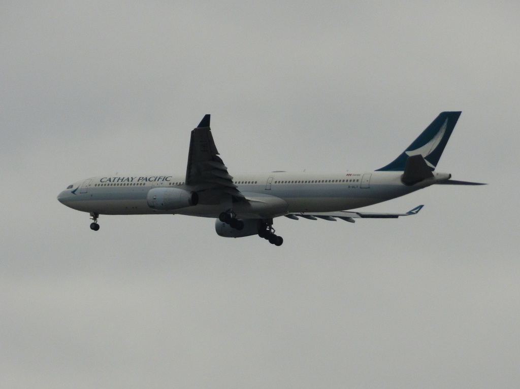 福岡空港へランディングのキャセイパシフィック　A330