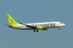 福岡空港へランディングのSoraseed Air B737-800
