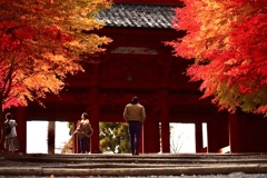 高野山大門、夕陽を浴びる紅葉