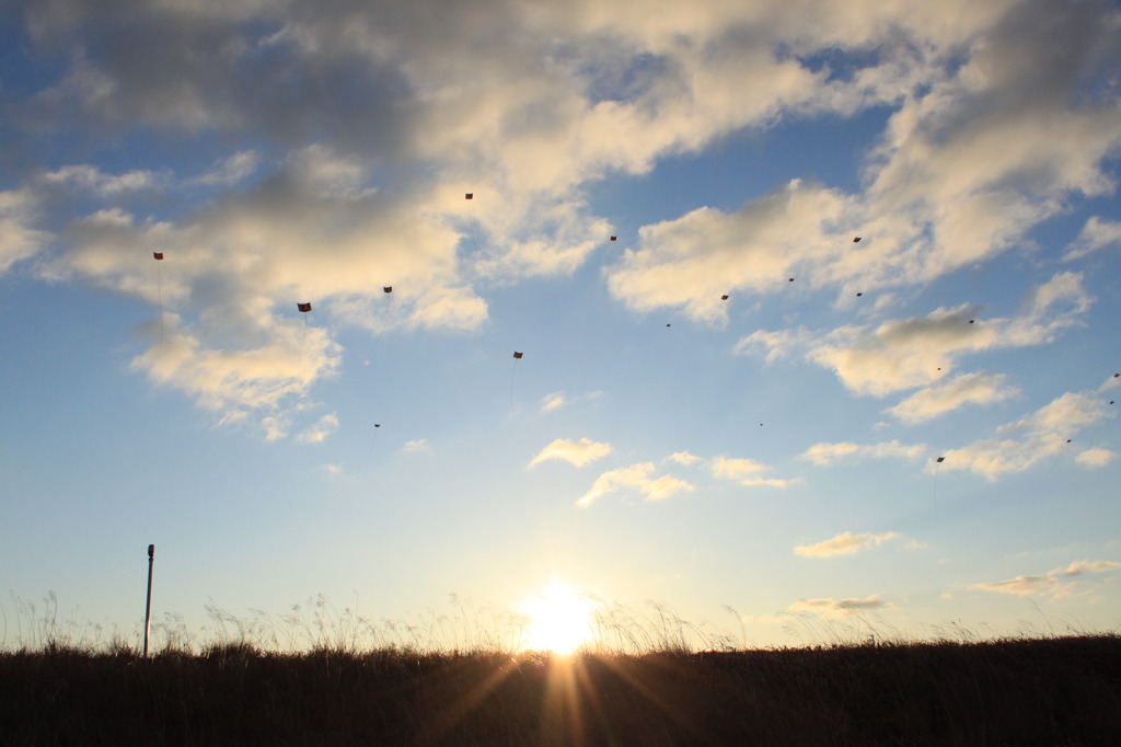初日の出と凧上げ