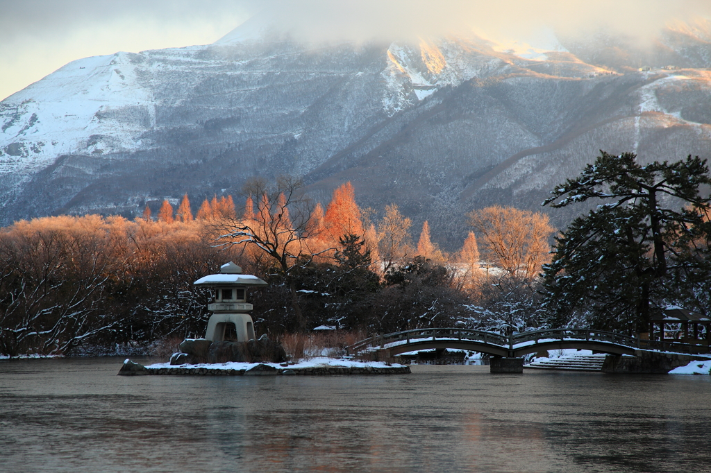 厳寒の朝の池景色