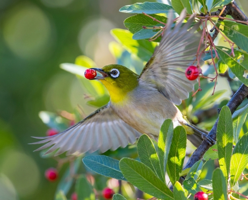 ピラカンサの実を咥えて飛び立つ瞬間のメジロさん