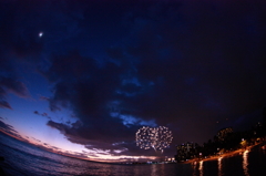 Crecent Moon and Fireworks in Honolulu