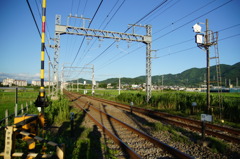 踏み切りと線路と僕の影