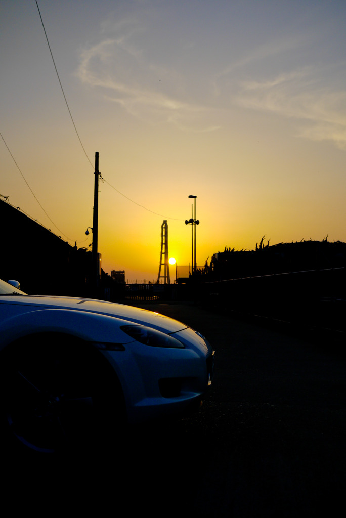 夕日とマイカー