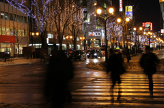 キラキラ輝く樹と、テカテカ輝く道路と、そそくさと通る人々。