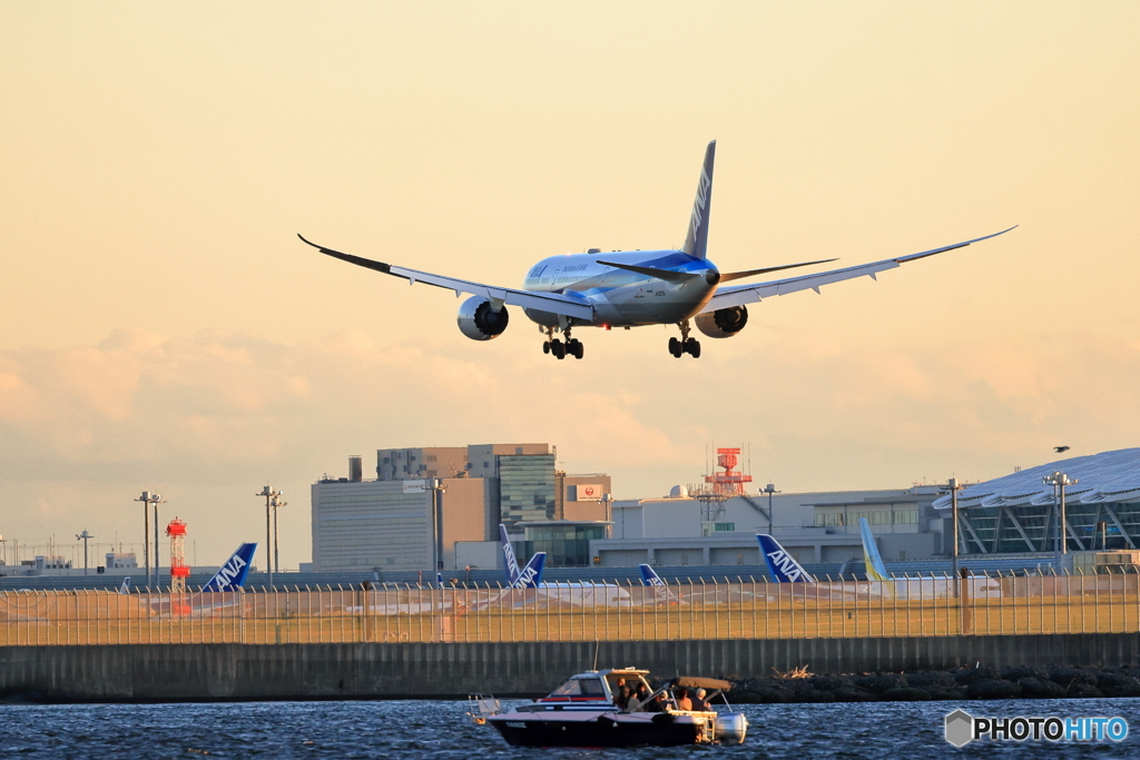 夕方の着陸