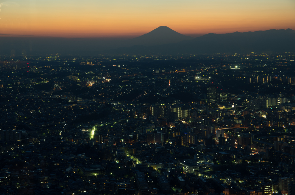 夕照富士と横浜の街灯り