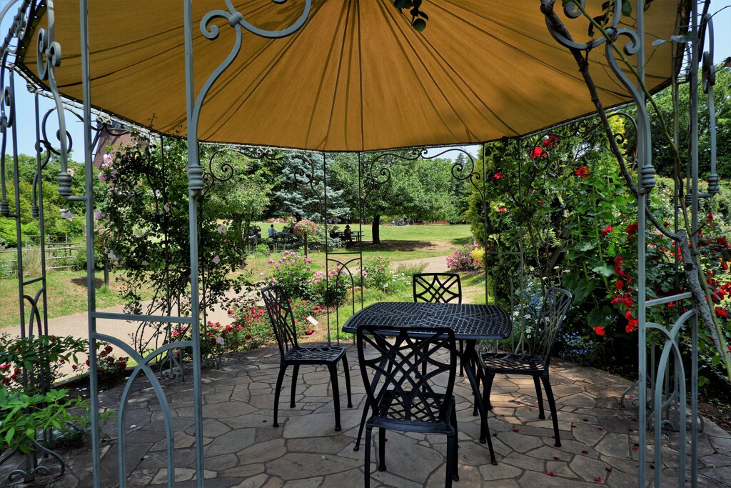 テーブル席とパラソル