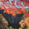 深紅の窓から望む滝景