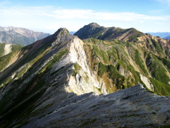 水晶岳の頂からワリモ岳と鷲羽岳