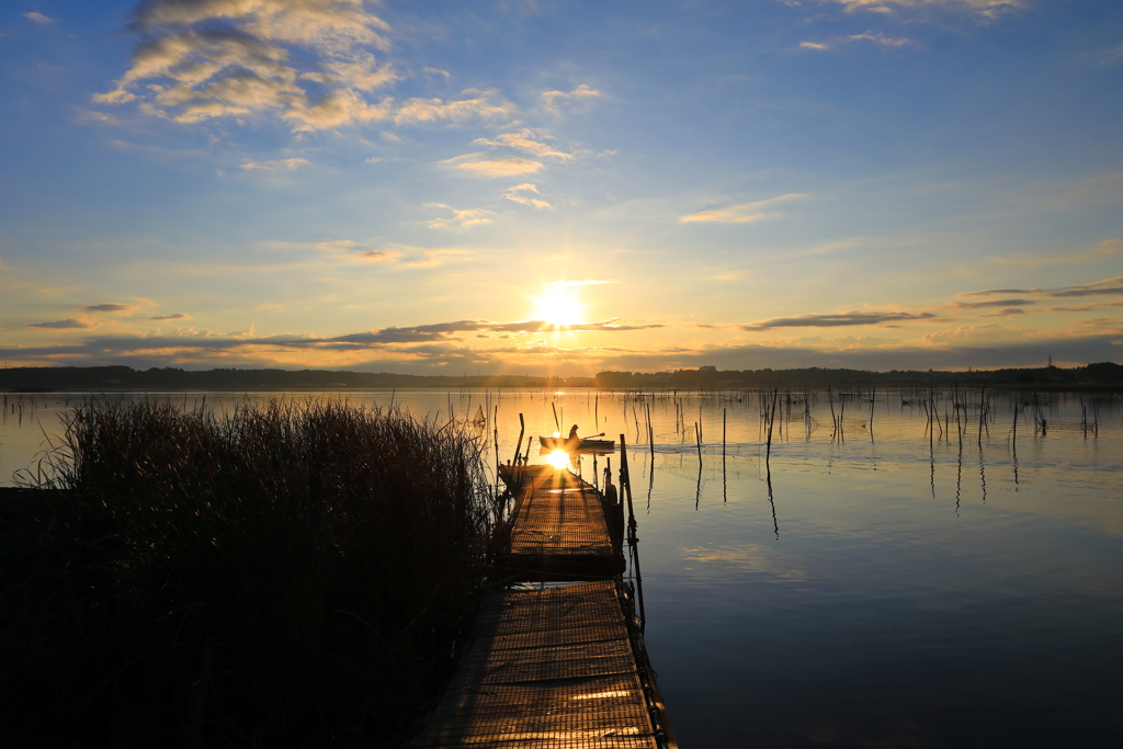 印旛沼・朝景　- 朝陽と船出 -