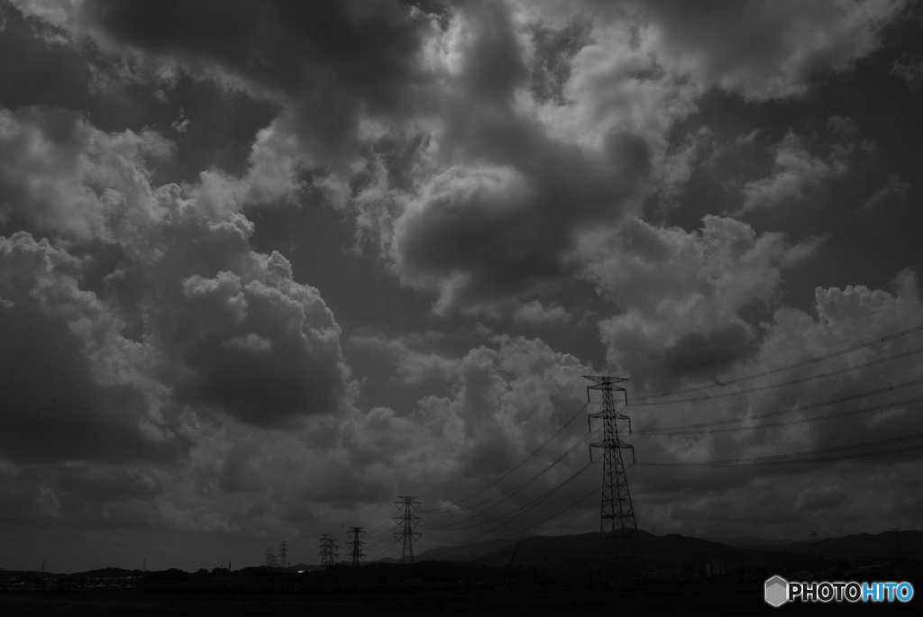 高圧電線と夏の雲