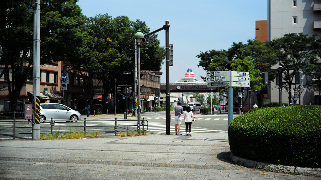 港が見える信号待ち